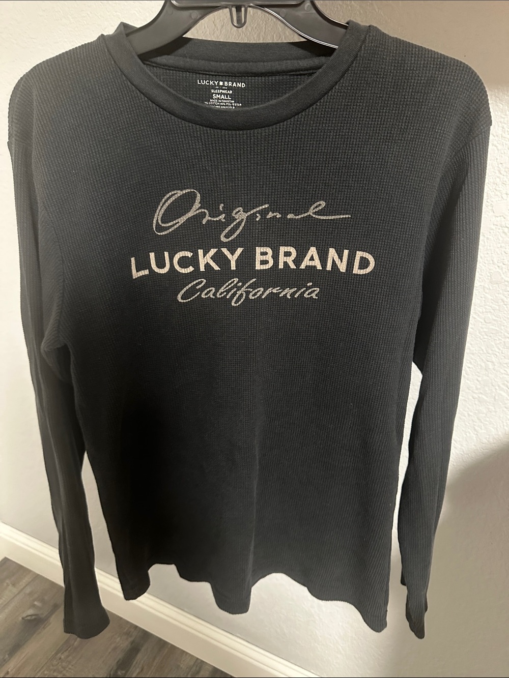 Lucky Brand Black Waffle-Knit Long Sleeve Tee with Beige Logo